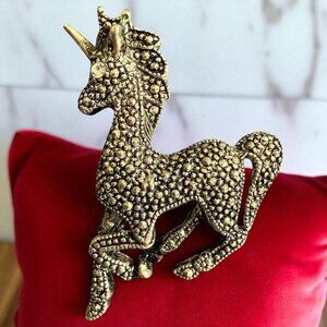 Vintage Sterling Silver & Marcasite Unicorn Brooch Pin With Rhinestone Eye